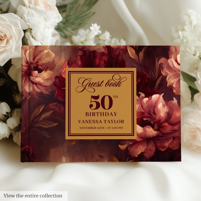 Livre D'or Fleurs or rouge foncé Boho tendance 50e Anniversai (Trendy Boho Dark Red Blush Gold Flowers 50th Bday Guest Book)