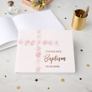 Livre D'or fleurs roses Croix Baptême