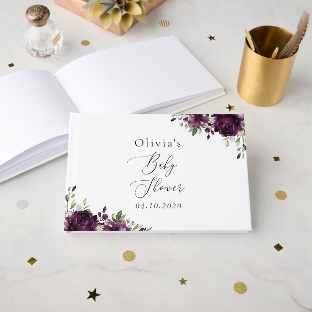 Livre D'or Fleurs violettes, Fleurs de prunes, Boho, Baby sho (Recto ouvert)