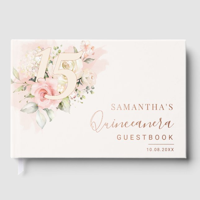 Livre D'or Floral rose 15e anniversaire Quinceanera Rose or (Recto)