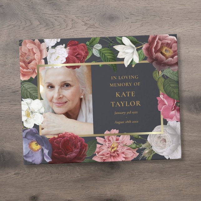 Livre D'or Floral rose En Mémoire Amoureuse Photo Funérailles (Roses Floral In Loving Memory Photo Funeral Guest Book)