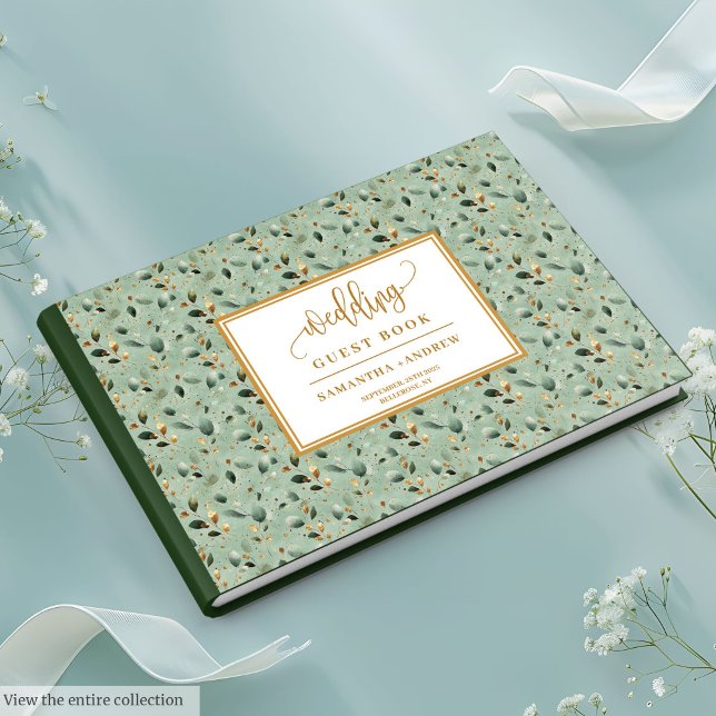 Livre D'or Floral sauge vert or eucalyptus feuille mariage (Fairytale Sage Green And Gold Wedding Guest Book)
