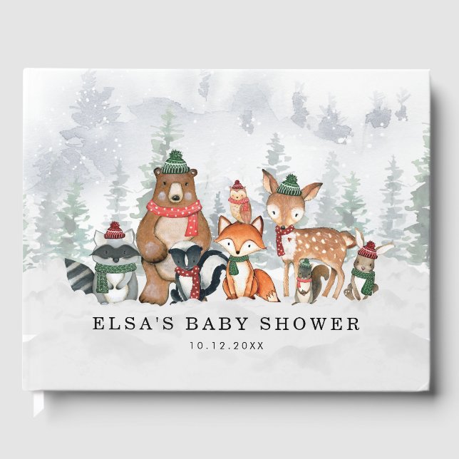 Livre D'or Forêt d'hiver Misty Baby shower d'animaux de bois (Recto)