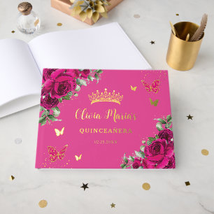 Livre D'or Fuchsia Floral Or Quinceanera Anniversaire 16 Ans 