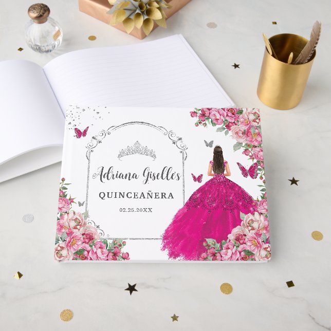 Livre D'or Fuchsia Rose Florale Princesse Silver Quinceanera (Recto ouvert)