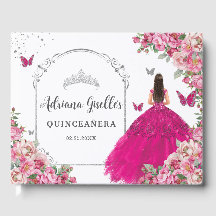 Fuchsia Rose Florale Princesse Silver Quinceanera