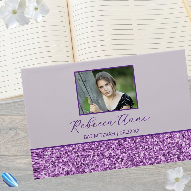 Livre D'or Glam Purple Simple Élégant Bat mitzvah photo (Collect memories in this personalized Bat Mitzvah guest book)
