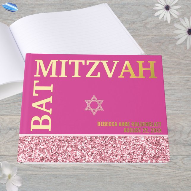 Livre D'or Glam Rose Star De David Bat mitzvah Gold (Bold typography BAT MITZVAH design printed in real gold foil)
