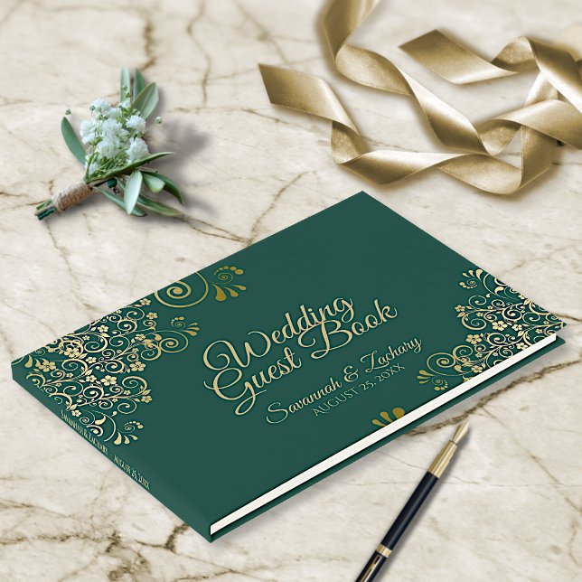 Livre D'or Gold Frills et Emerald Green Mariage élégant (Créateur téléchargé)