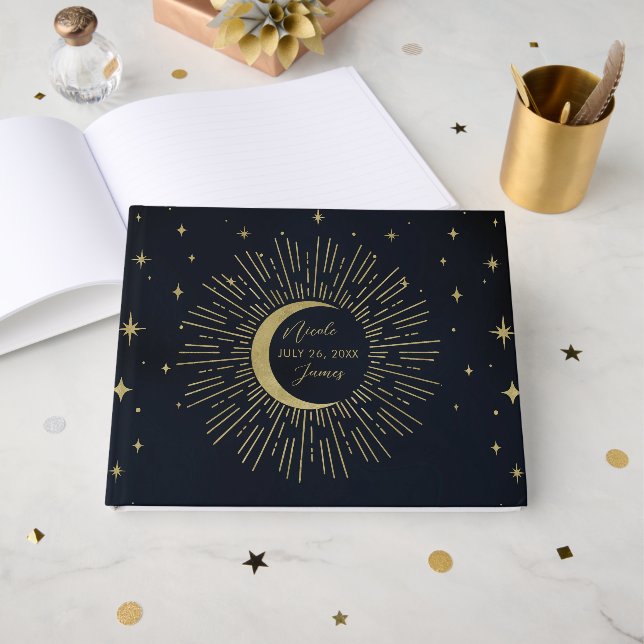 Livre D'or Gold Stars Night Celestial Sunburst Moon (Recto ouvert)