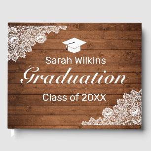 Livre D'or Graduation en bois rustique et dentelle blanche