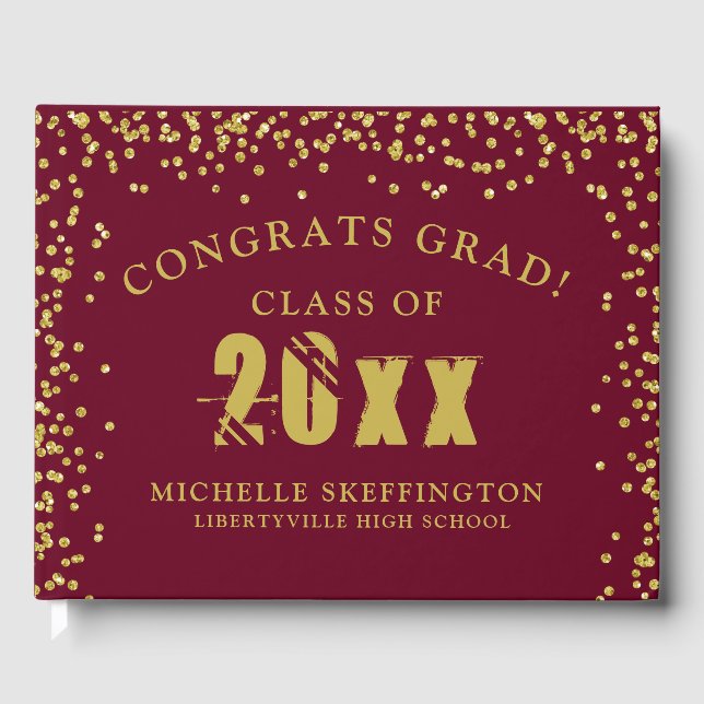 Livre D'or Graduation moderne Maroon Gold Confetti Année de c (Recto)