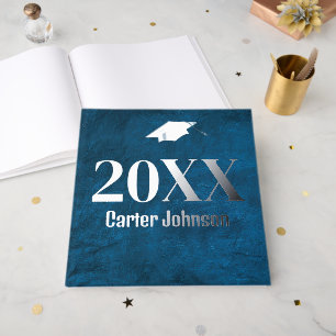 Livre D'or Graduation Pile Argent Sur Cuir Bleu