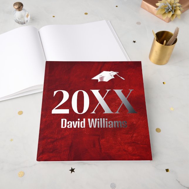 Livre D'or Graduation Pile Argent Sur Cuir Rouge (Recto ouvert)