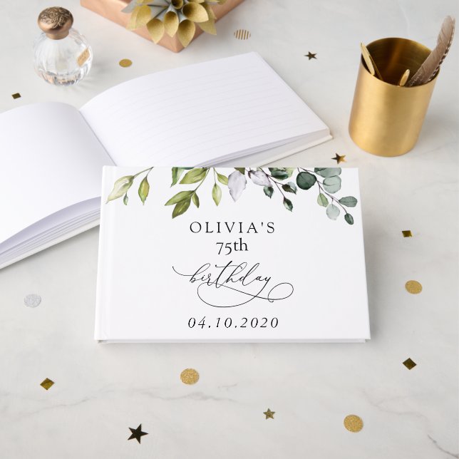 Livre D'or Greenery, Eucalyptus Leaves, Boho, Birthday (Recto ouvert)
