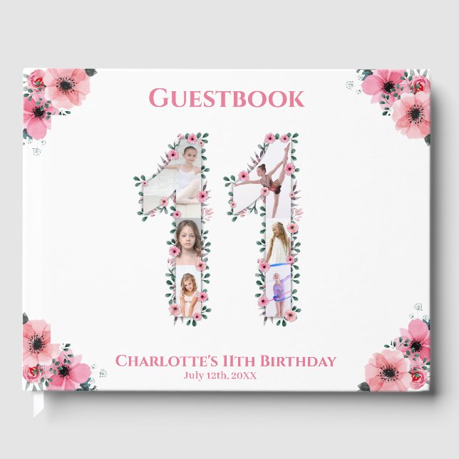 Livre D'or Gros 11e anniversaire Photo Collage Fleur Fille Bl (Recto)
