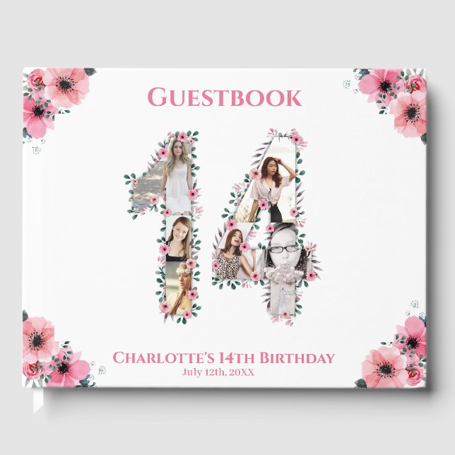 Livre D'or Gros 14e anniversaire Photo Collage Fleur Fille Bl (Recto)