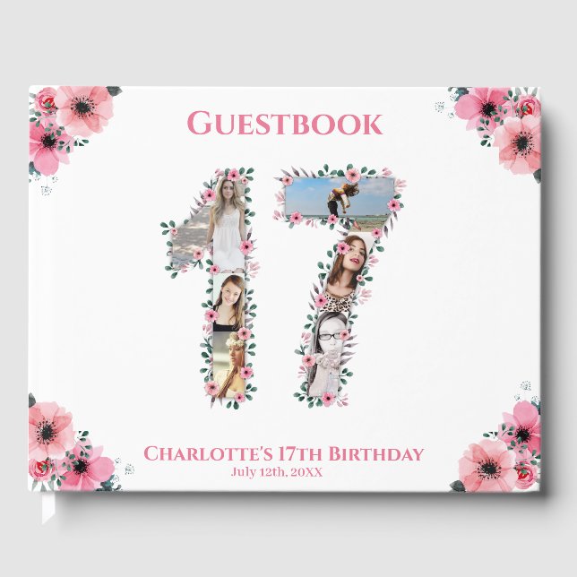 Livre D'or Gros 17e anniversaire Photo Collage Fleur Fille Bl (Recto)