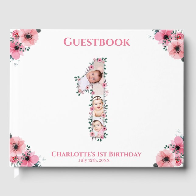 Livre D'or Gros 1er anniversaire Photo Collage Fleur Fille Bl (Recto)