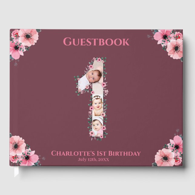 Livre D'or Gros 1er anniversaire Photo Collage Fleur Fille Ro (Recto)