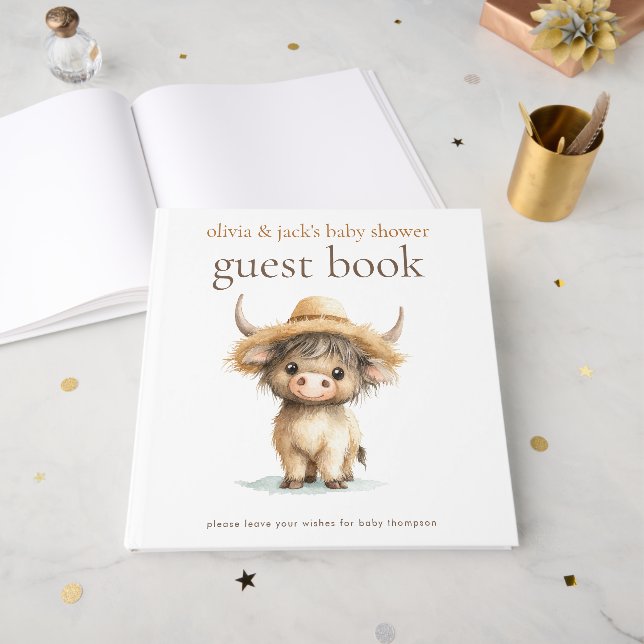 Livre D'or Highland Cow Please Sign Guest Book Baby shower (Recto ouvert)