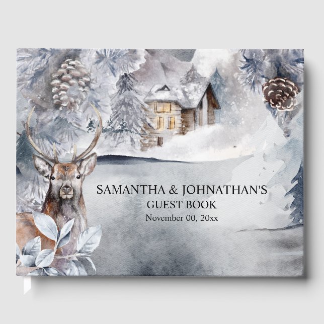 Livre D'or Hiver cerf pays neige forêt cabine forestier (Recto)