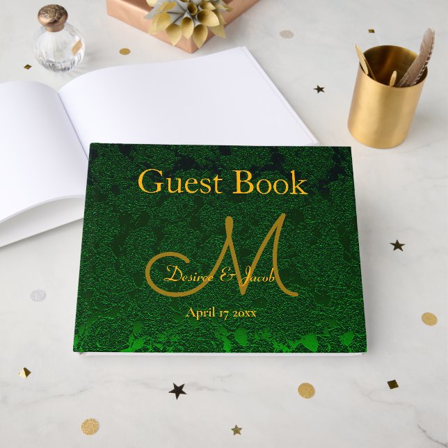 Livre D'or Hunter Green Gold Mariage Réception Monogramme (Recto ouvert)