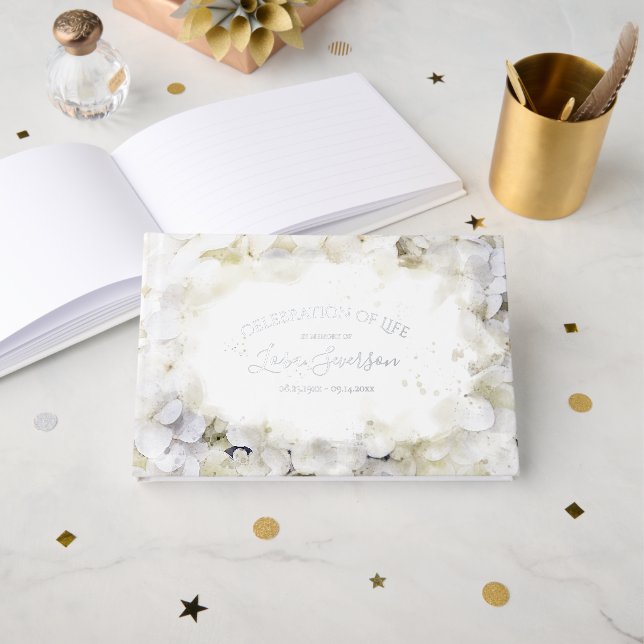 Livre D'or Hydrangée blanche Aquarelle Célébration de la vie (Recto ouvert)