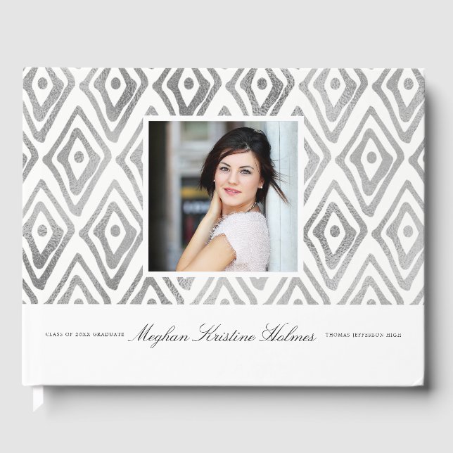 Livre D'or Ikat Motif Graduation Guest Book | Argent (Recto)