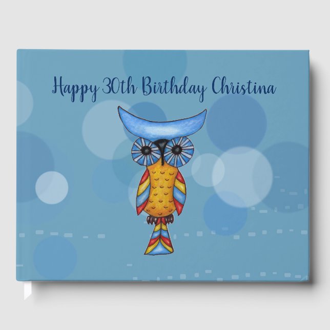 Livre D'or Imaginaire Bleu Chouette Jaune Gros Yeux Cercles D (Recto)