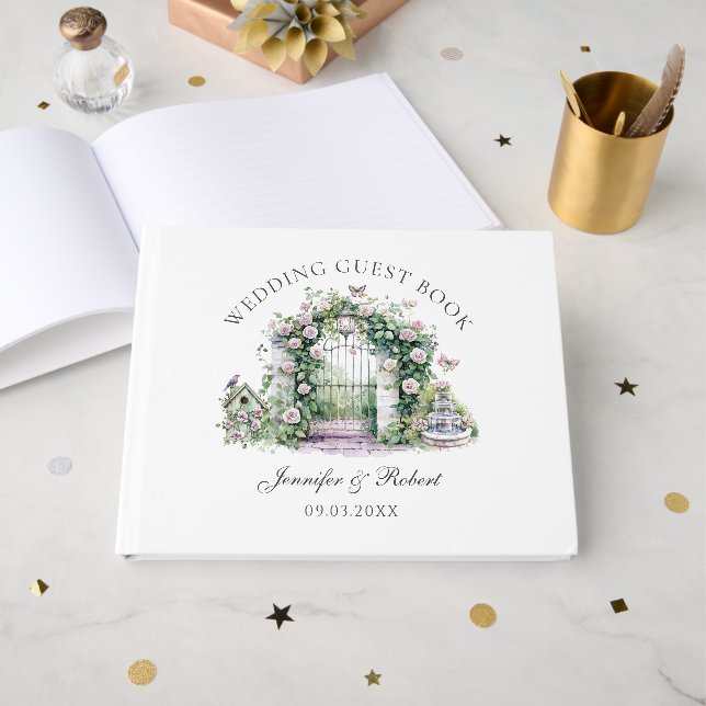 Livre D'or Jardin romantique Mariage Floral Arch Fontaine (Recto ouvert)