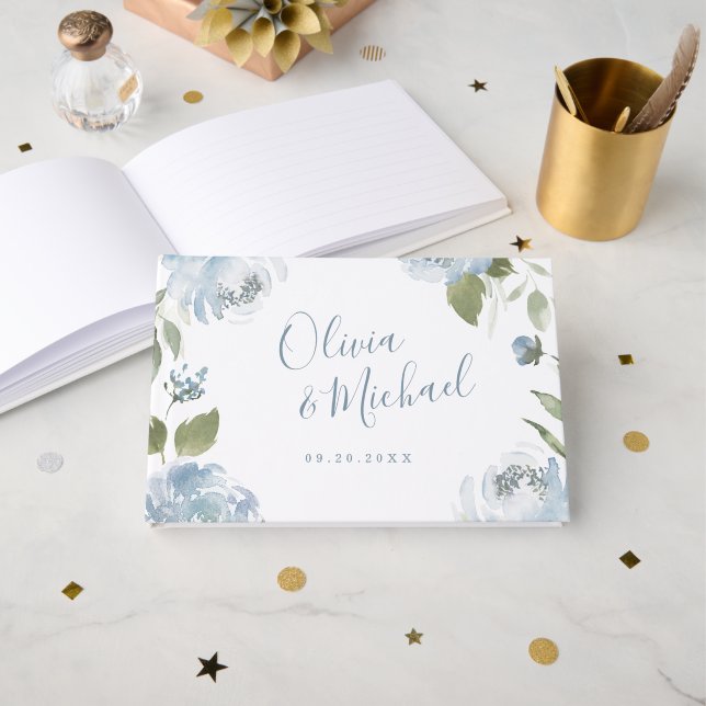 Livre D'or Jardin romantique mariage floral bleu poussiéreux (Recto ouvert)