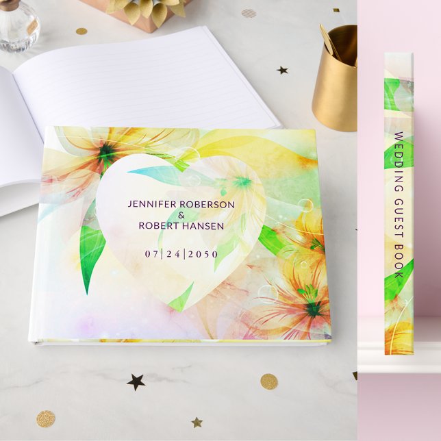 Livre D'or Jaune Floral Heart Dewdrops Mariage (Yellow Floral Heart Dewdrops Wedding Guest Book)