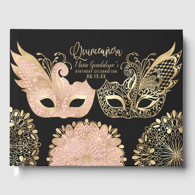 Livre D'or Joli rose or noir Mascarade Masque Quinceañera (Recto)