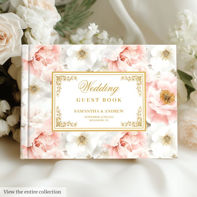 Livre D'or Jolie aquarelle rose clair fleurs or mariage (Pretty watercolor light pink flowers gold wedding Guest Book)