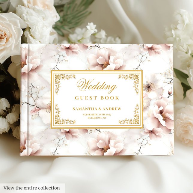 Livre D'or Jolie aquarelle rose poussiéreuse fleurs or mariag (Lovely watercolor dusty pink flowers gold wedding Guest Book)