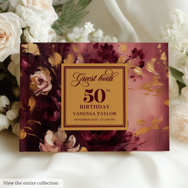 Livre D'or Jolie Boho Maroon Blush Gold Floral 50e anniversai (Lovely Boho Maroon Blush Gold Floral 50th Birthday Guest Book)