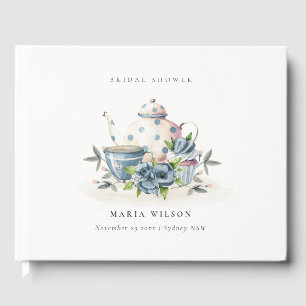 Livre D'or Jolie théière bleue aqua florale Tasses Mariage