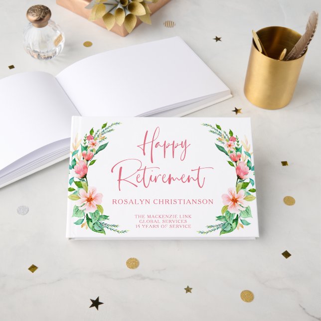 Livre D'or Joyeuse retraite Tropical Floral Script rose (Recto ouvert)