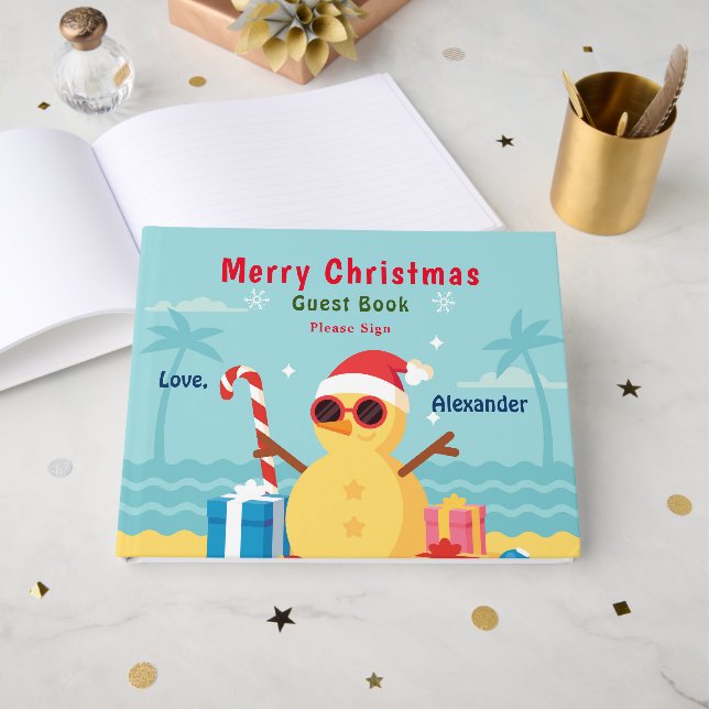 Livre D'or Joyeux Noël Plage Père Noël Fun Personnaliser (Recto ouvert)