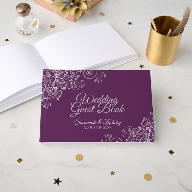 Livre D'or Lacy Silver Filigree Elegant Plum Purple Wedding (Recto ouvert)