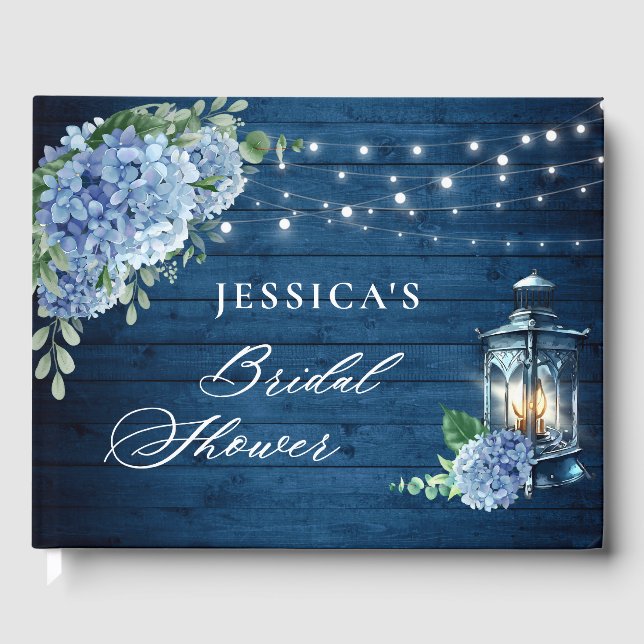 Livre D'or Lanterne Hydrangea Bleue Mariage Bois Navy (Recto)