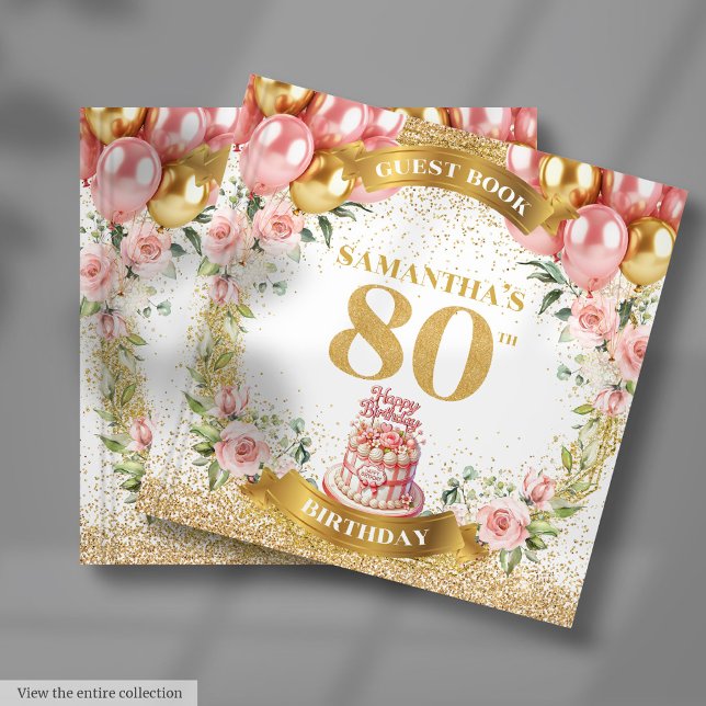 Livre D'or Luxe 80e anniversaire Guest Book Pink Gold Florals (Luxe 80th Birthday Guest Book Pink Gold Florals)