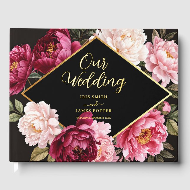 Livre D'or Luxe Burgundy and Blush Peony Floral Wedding Real (Recto)