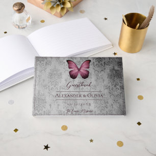 Livre D'or Magenta Vintage Papillon Mariage damassé