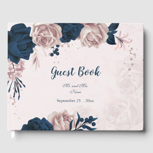 Livre D'or magnifique marine bleu et poussiéreux fleurs roses (Recto)