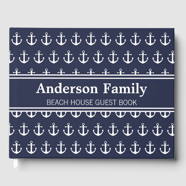 Livre D'or Maison de plage Nautical Dark Blue et White Name (Recto)