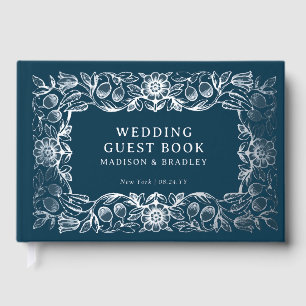 Livre D'or Mariage à la feuille d'argent florale bleue vintag