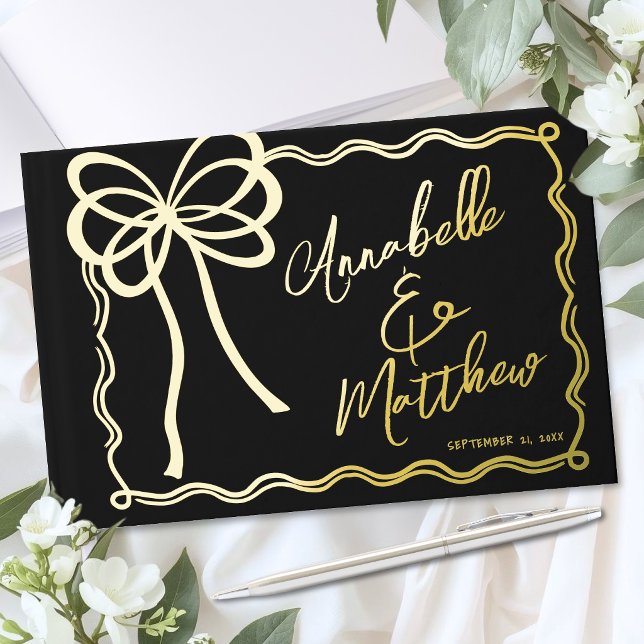 Livre D'or Mariage à l'Arc en Or Noir Dessiné à la Main (Hand Drawn Black Gold Bow Wedding Foil Guest Book)