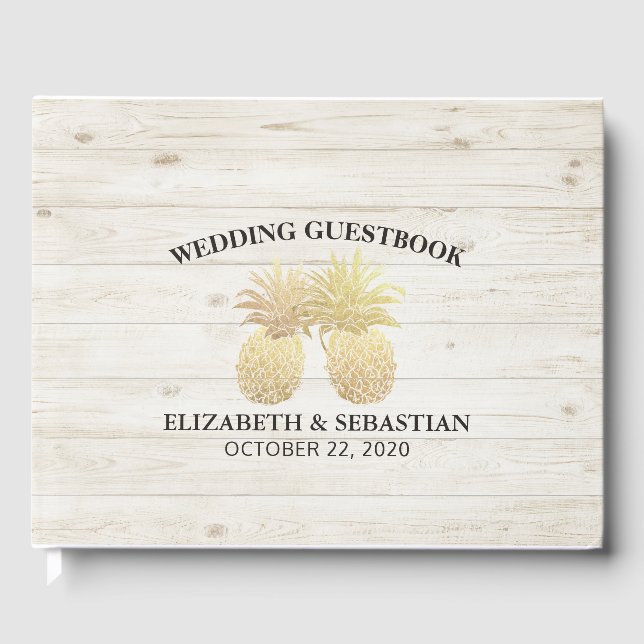 Livre d'or mariage Ananas chic en or Bois rustique (Recto)